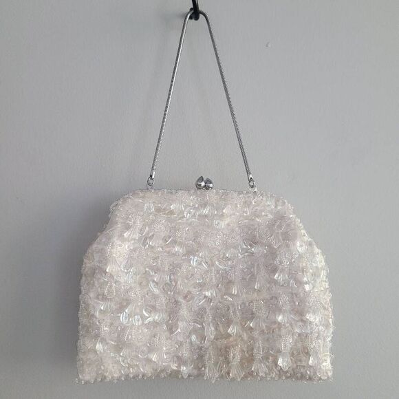 Vintage 60's ivory white fully beaded mini bag clutch glam coquette pastel - Picture 1 of 9